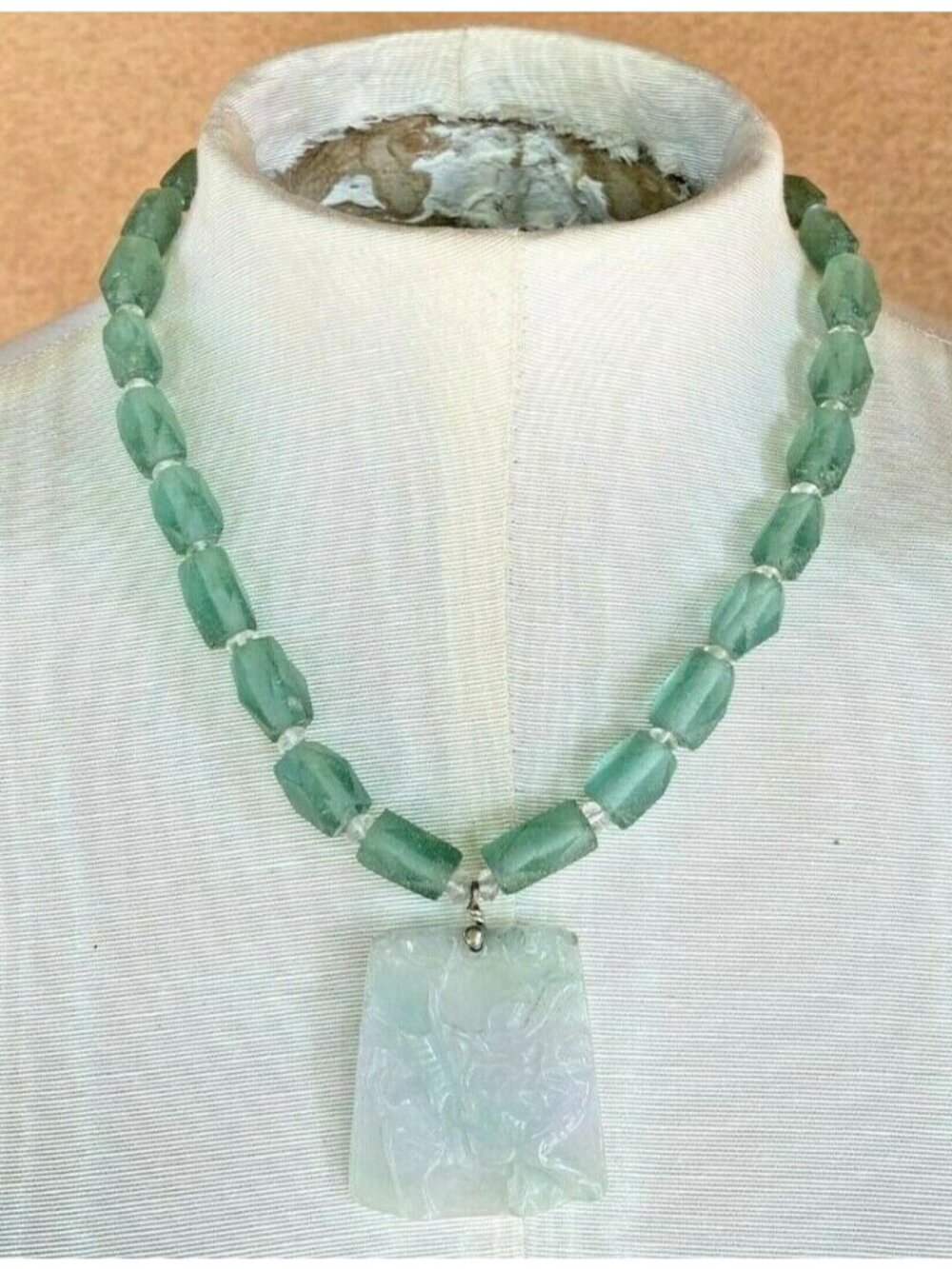 Carved Jade Pendant Necklace African Faceted Beads Crystal Spacers Stg Clasp